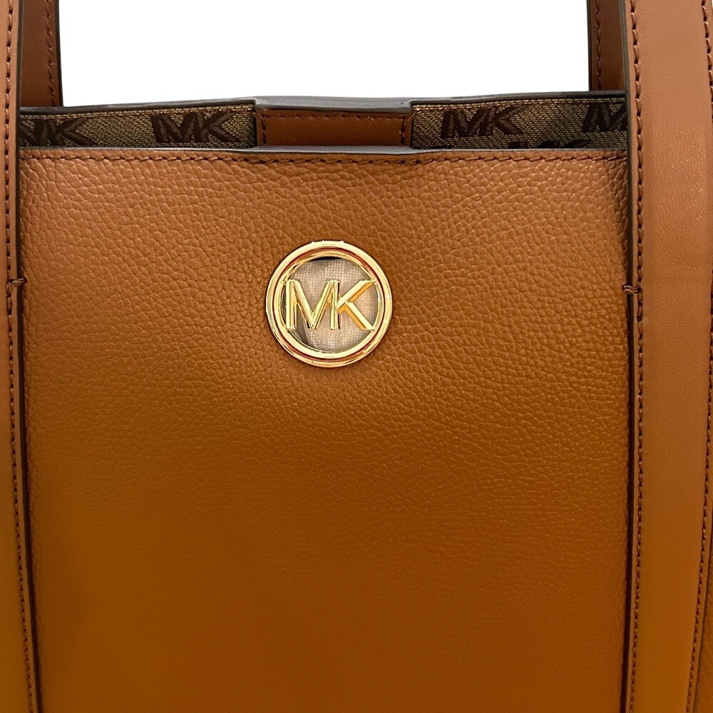 Michael Kors Tote Bag Brown Leather Gold MK Logo Reversible - Picture 2 of 6